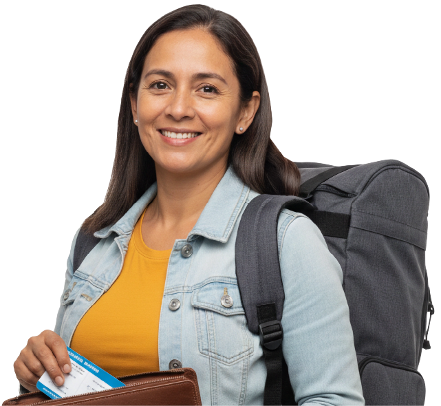 Mujer con mochila y billetera, representando acceso a créditos para proyectos personales